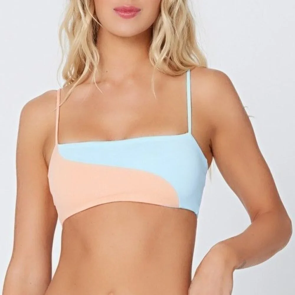 NEW l*space Ari Color Block Pullover Bikini Top in Tangy and Sky Blue Sz. L